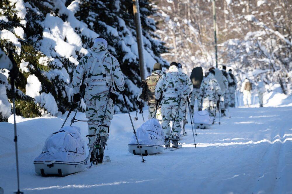 A column of French Alpine Hunters in pale Tundra camouflage, hauling supply sledges along a snow track in a snow-covered wood.