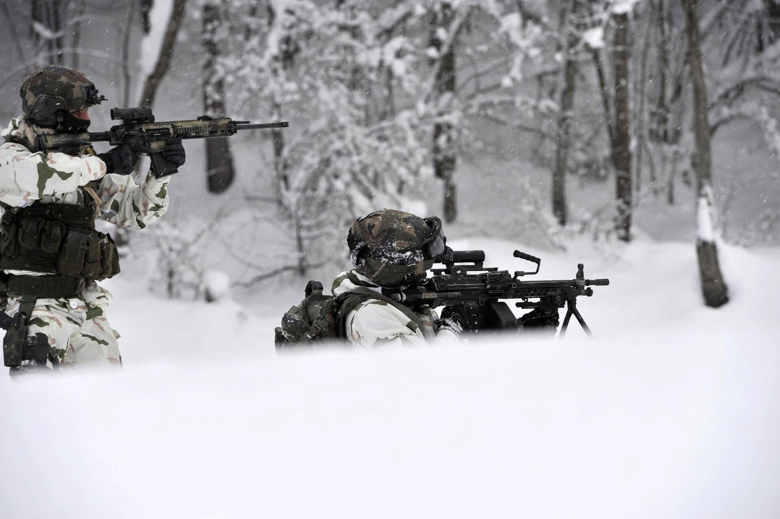 Two soldiers in pale snow camouflage — a white ground with green and salmon shapes — in deep snow among frosted trees, one standing with a scoped rifle and one prone behind a machine gun on a bipod.