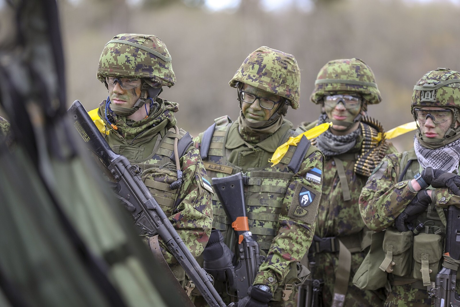 Estonian Defence League soldiers in pixelated woodland camouflage uniforms listening to a cold-load brief, with an “ESTONIA” tape visible.