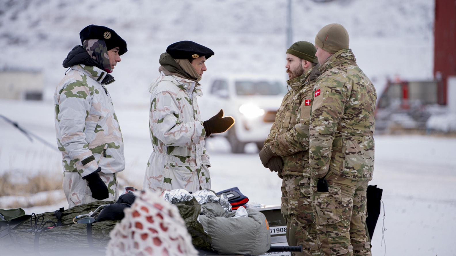 Two French Alpine Hunters in pale snow camouflage with green and salmon shapes talking with two Danish soldiers in multi-coloured camouflage with Danish flag patches, beside a pile of equipment under a camouflage net, with snow-covered ground and a white truck behind.