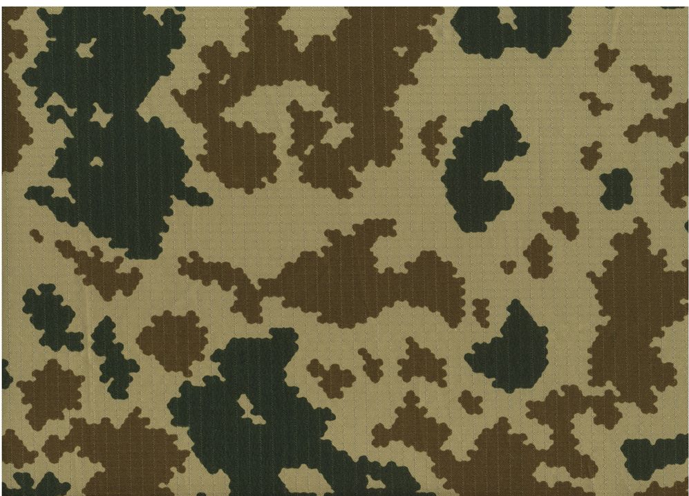 Flat camouflage plate: a sandy ground with irregular dark green and brown blotches, no garment and no text.