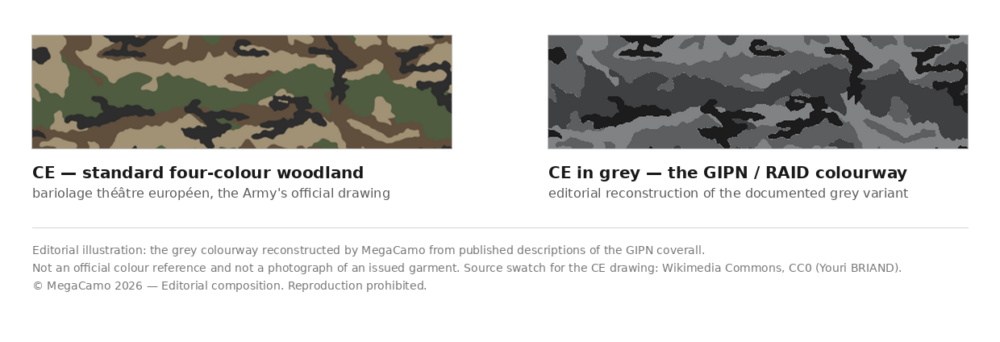 Editorial illustration comparing the four-colour CE woodland drawing with the same drawing rendered in the grey colourway documented on GIPN and RAID coveralls