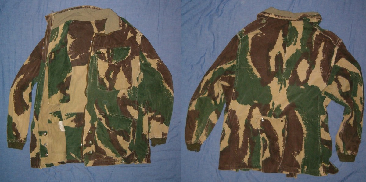 Front and rear views of a 1959 pattern Denison parachute smock in brushstroke camouflage