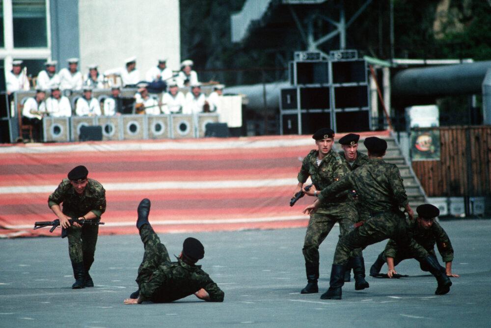 Soviet naval infantrymen in dark leaf-pattern camouflage during a demonstration, 1991