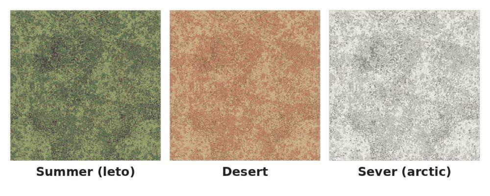 EMR (Digital Flora) camouflage colourway comparison — Summer (leto), Desert and Sever (arctic) patterns shown side by side