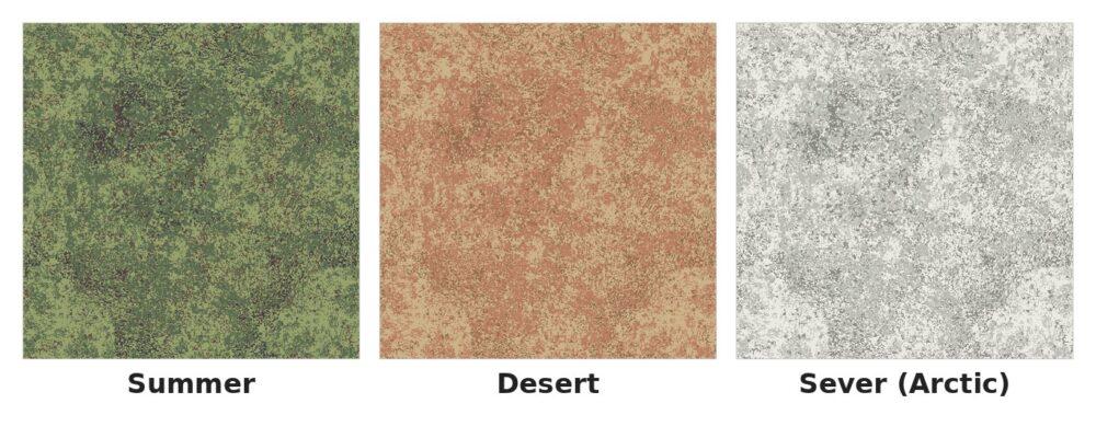 EMR (Digital Flora) camouflage colourway comparison — Summer, Desert and Sever (Arctic) variants.