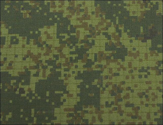 Close-up of EMR (Digital Flora) camouflage fabric, showing the near-square pixels grouped into larger patches and the weave of the cloth