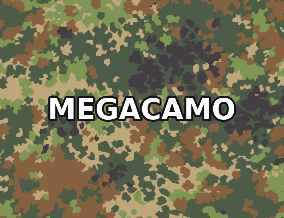 Pattern reference: irregular hard-edged patches, some notched and pointed, beside rounded lobes, in green, khaki, rust brown and near-black, shown as a cropped digital pattern file held by MegaCamo, with a MEGACAMO protection watermark.
