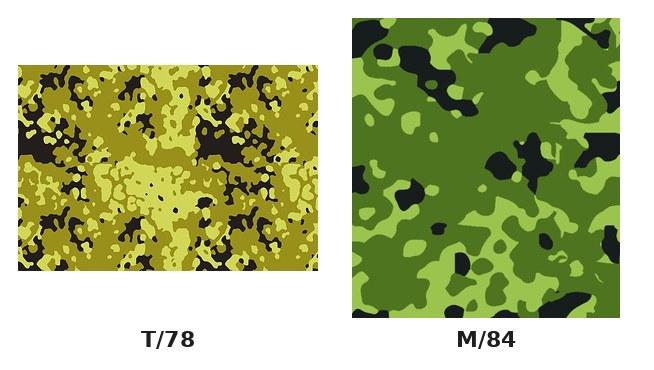 Side-by-side comparison of the Danish T/78 trial pattern and the M/84 woodland spot pattern.