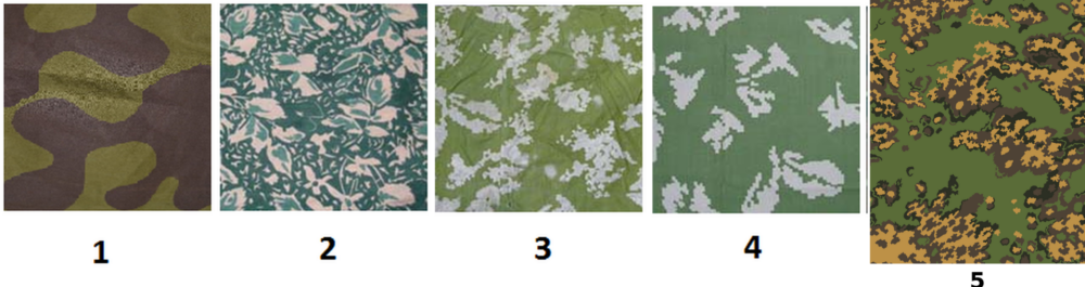 Comparison of five Soviet and Russian camouflage references: Amoeba, TTsMKK-associated three-colour stair-step, Berezka silver-leaf, Berezka sun-rabbits, and SS-Leto.