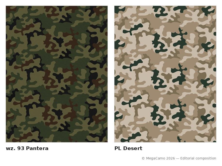 Editorial comparison at reduced scale of the two Polish wz. 93 Pantera colourways: woodland in olive, dark green, brown and black on the left, and the desert PL Desert variant in sand and tan on the right