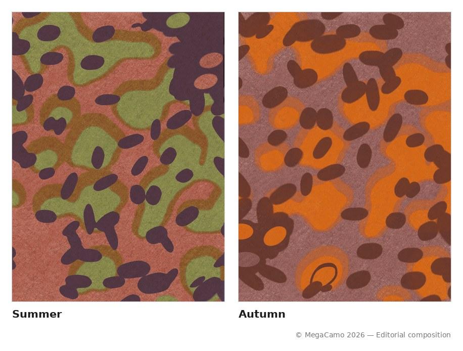 Side-by-side comparison plate of the two Platanenmuster (Plane Tree) colourways: summer on the left, autumn on the right
