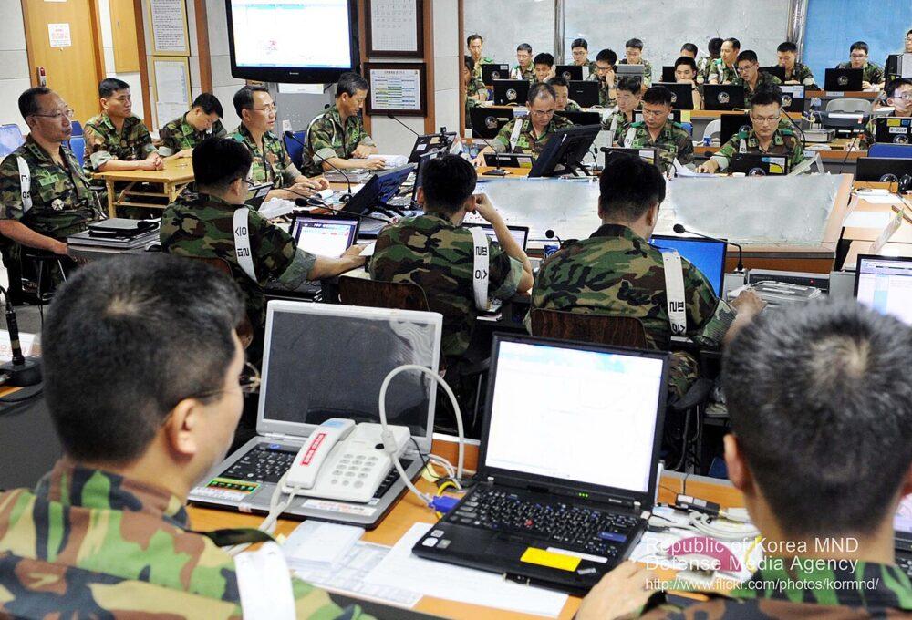 Republic of Korea Army officers and NCOs wearing the old four-colour blotch camouflage uniform in a command post exercise, September 2010
