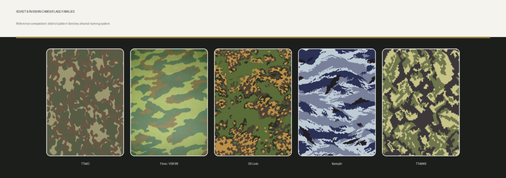 Reference composition of five distinct Soviet and Russian camouflage families: TTsKO, Flora (VSR-98), SS-Leto, Kamysh and TTsMKK, shown side by side as pattern references against a dark editorial backdrop.