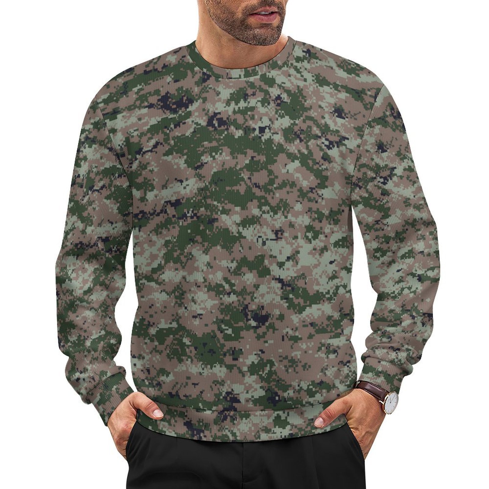 Canadian CADPAT Intermediate camouflage crewneck sweatshirt worn by a model