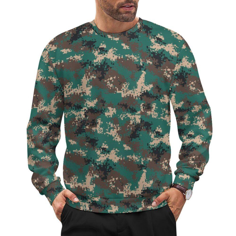 China M07 Woodland camouflage crewneck sweatshirt worn by a model