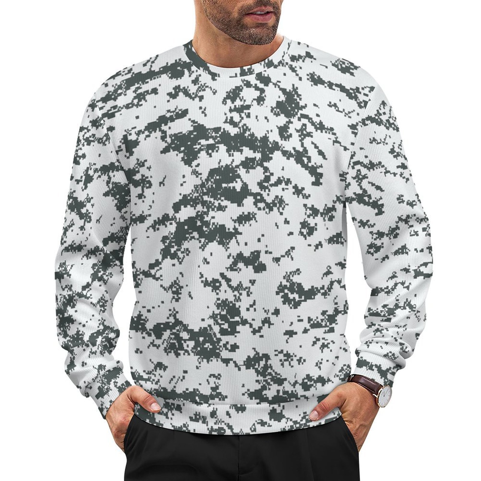 Canadian CADPAT Arctic camouflage crewneck sweatshirt worn by a model