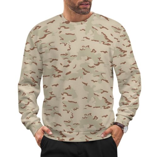 Belgian Jigsaw Desert camouflage crewneck sweatshirt worn by a model