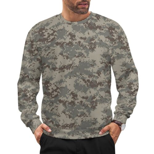 Canadian Desert v2 camouflage crewneck sweatshirt worn by a model
