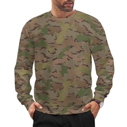 Belgian Jigsaw Multi Terrain camouflage crewneck sweatshirt worn by a model