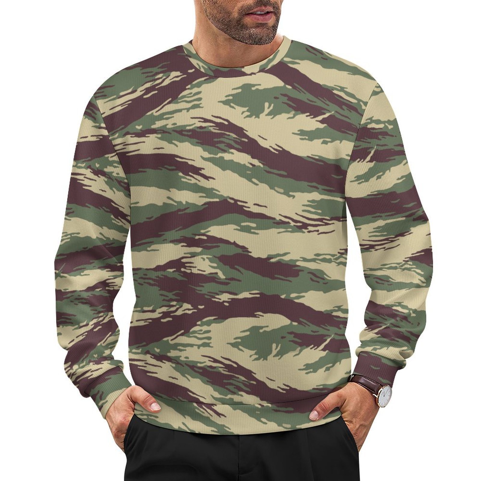 Afghan Lizard camouflage crewneck sweatshirt worn by a model