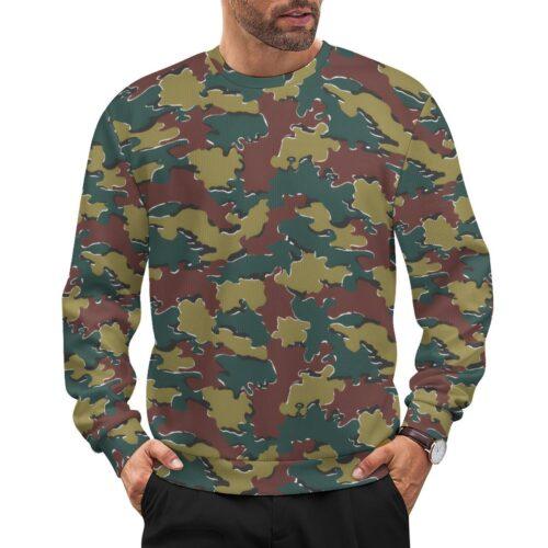 Belgian Jigsaw 1st Pattern camouflage crewneck sweatshirt worn by a model