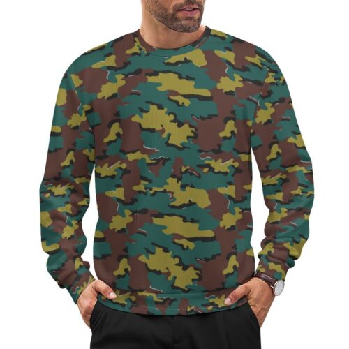 Belgian Jigsaw 2nd Pattern camouflage crewneck sweatshirt worn by a model