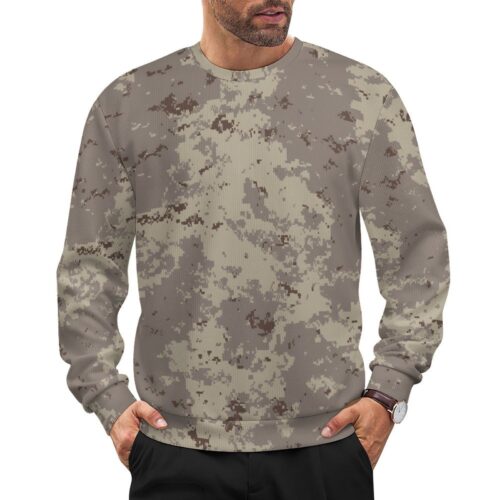 Canadian Desert camouflage crewneck sweatshirt worn by a model