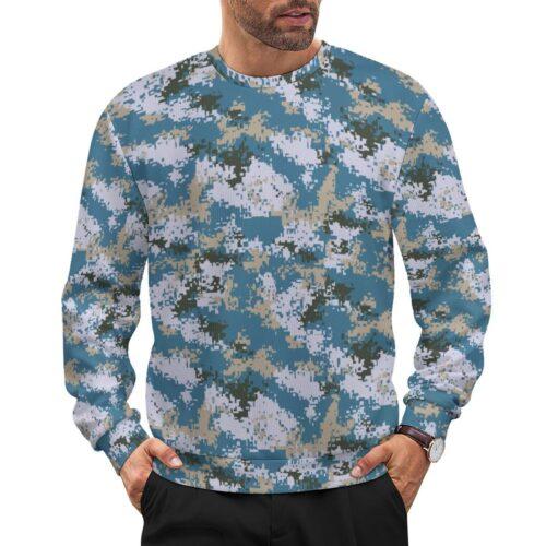 China M07 Ocean camouflage crewneck sweatshirt worn by a model