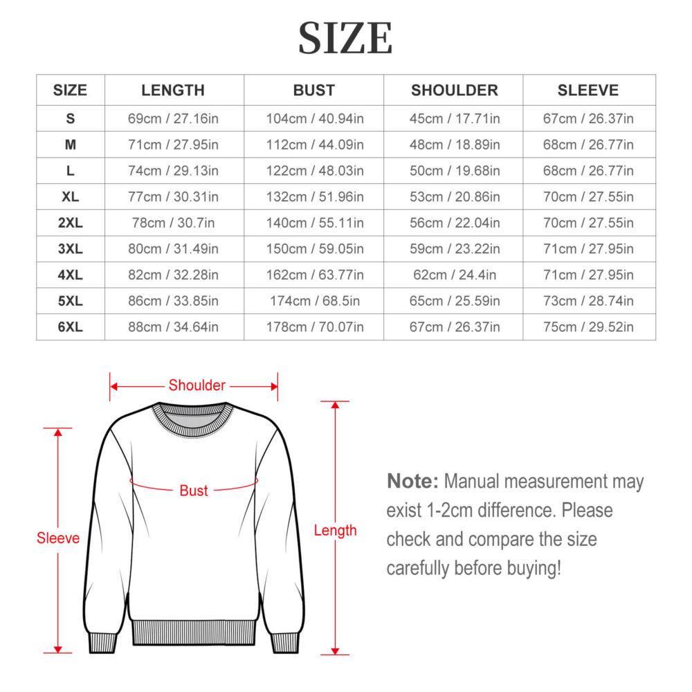 Crewneck sweatshirt size chart, sizes S to 6XL