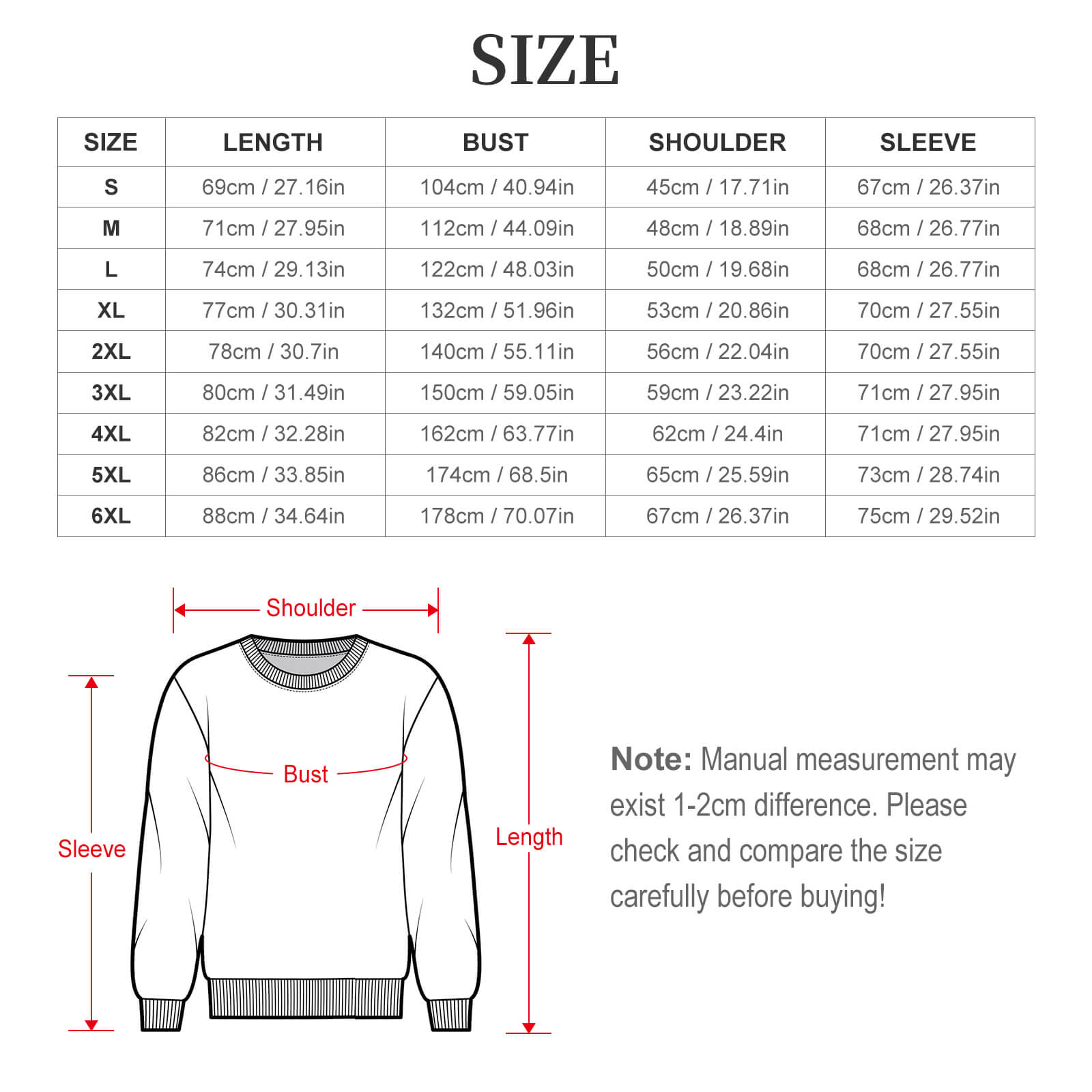 Crewneck sweatshirt size chart, sizes S to 6XL