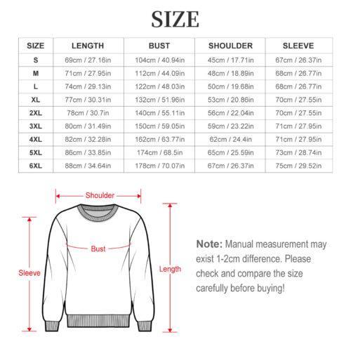 Crewneck sweatshirt size chart, sizes S to 6XL