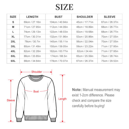 Crewneck sweatshirt size chart, sizes S to 6XL