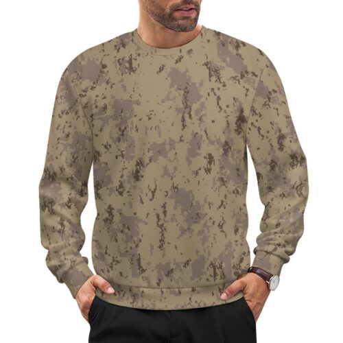 Canadian Multi Terrain Desert camouflage crewneck sweatshirt worn by a model