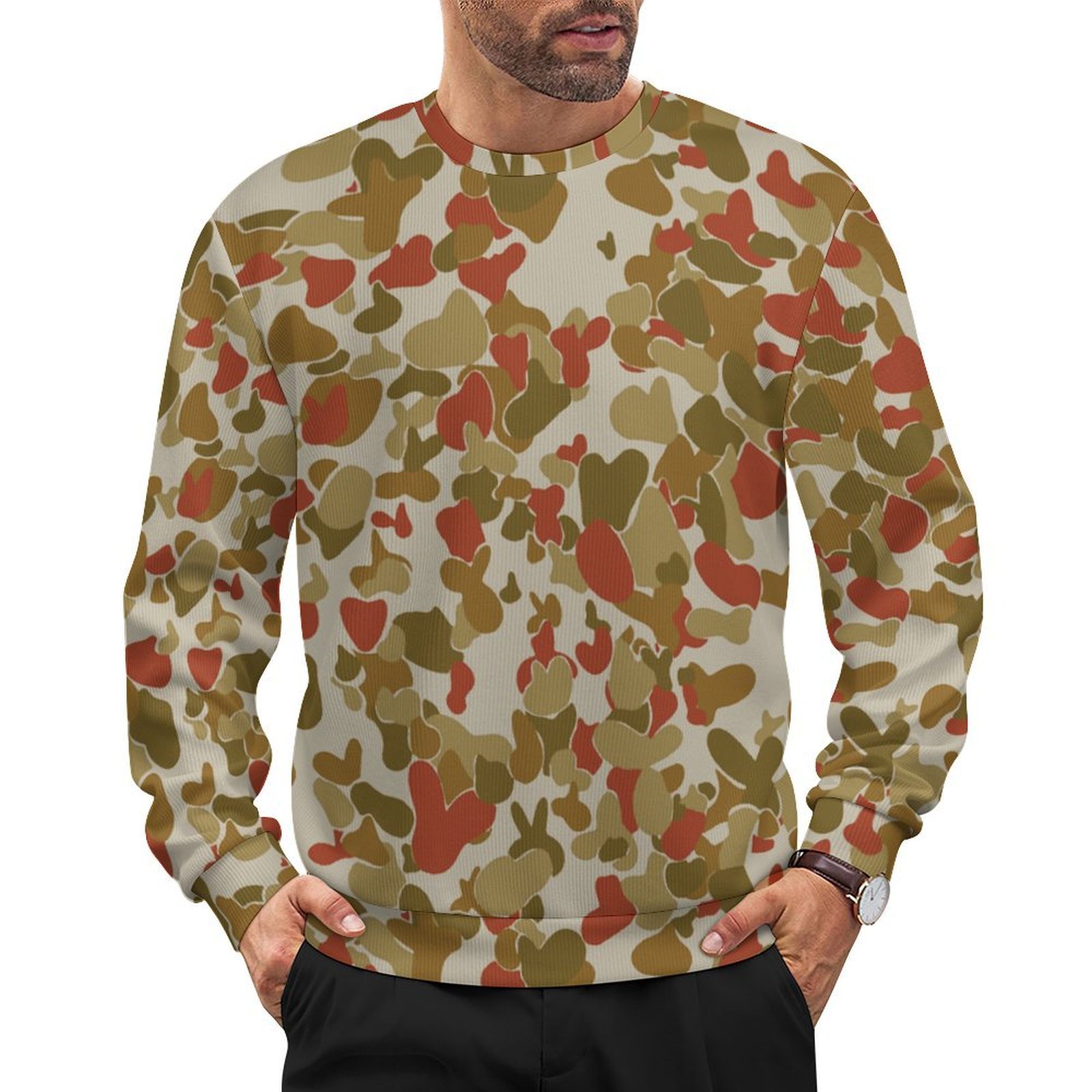 Australian Red AUSCAM OPFOR Musoria camouflage crewneck sweatshirt worn by a model