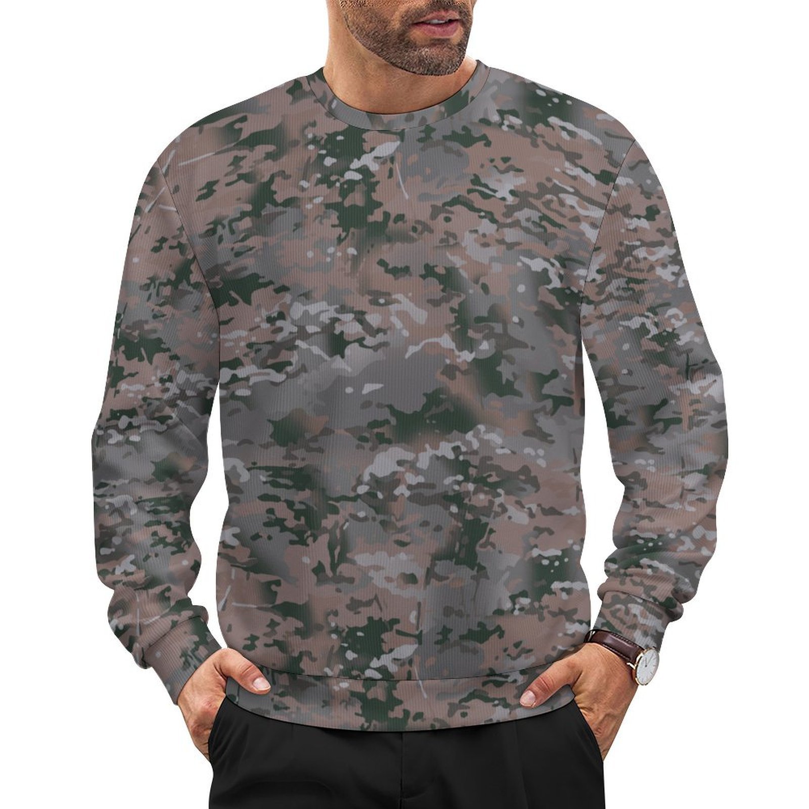 Botswana Anti Poaching Unit camouflage crewneck sweatshirt worn by a model
