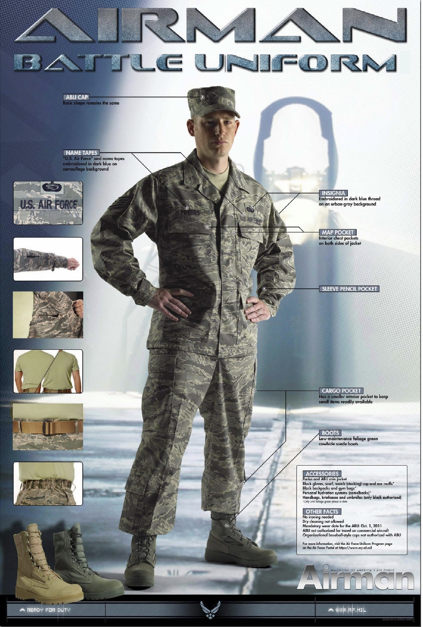 Airman magazine poster annotating the Airman Battle Uniform: patrol cap, name tapes in dark blue letters on the camouflage background, map pocket, sleeve pencil pocket, cargo pocket with an interior pocket, sage green boots, and the mandatory wear date.