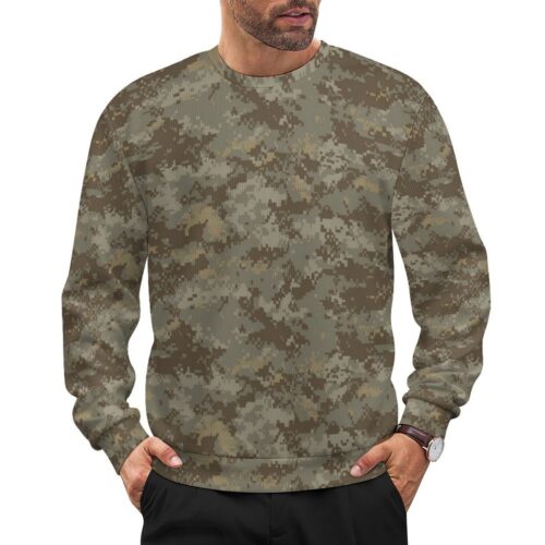 Canadian Desert v3 camouflage crewneck sweatshirt worn by a model