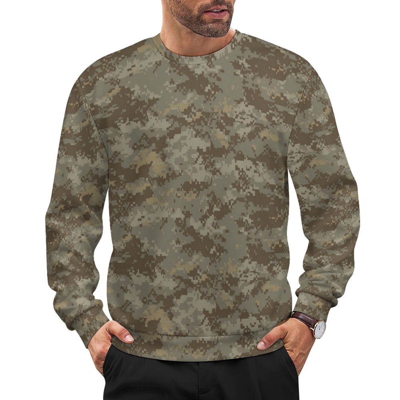Canadian Desert v3 camouflage crewneck sweatshirt worn by a model