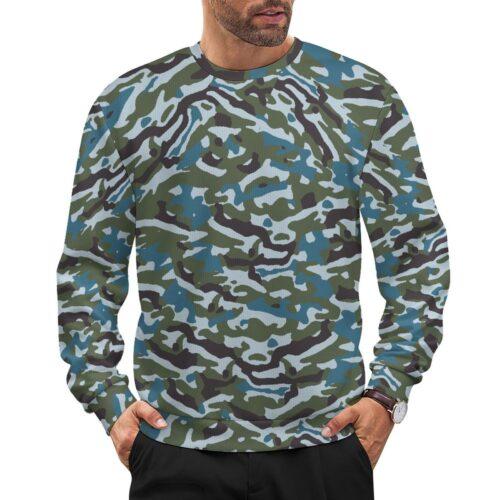 China PLN Oceanic Woodland camouflage crewneck sweatshirt worn by a model