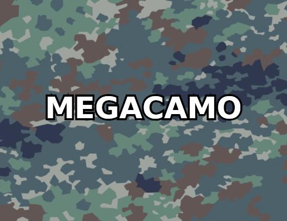 Pattern reference: the Izlom print in its blue colourway, irregular hard-edged patches in slate blue, teal green, mauve brown and near-black on a blue-grey ground, shown as a cropped digital pattern file held by MegaCamo, with a MEGACAMO protection watermark.