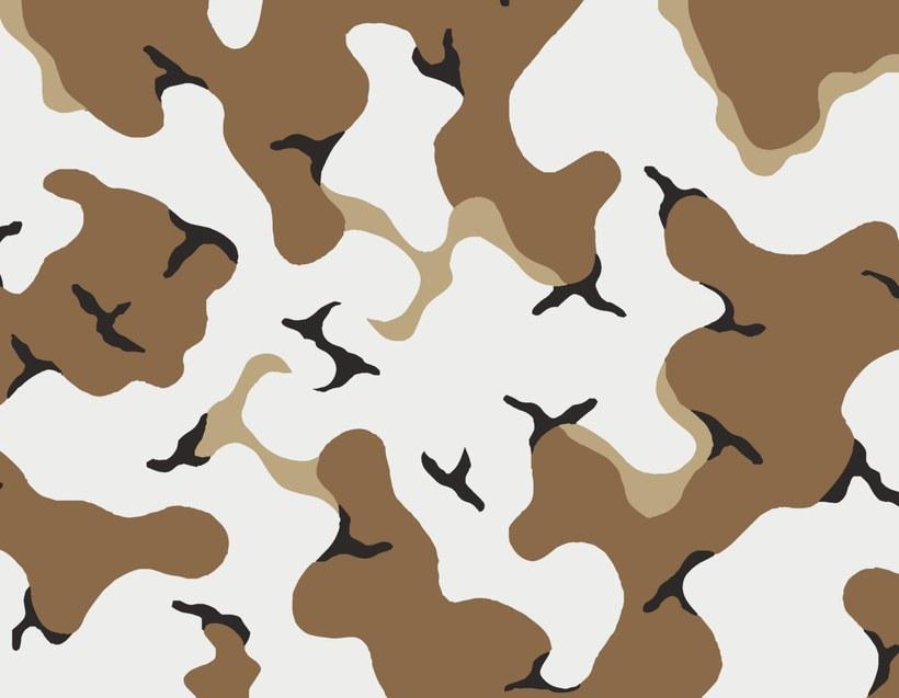 MERDC snow camouflage for open terrain: white ground crossed by large field drab brown shapes edged in sand, with small black accents