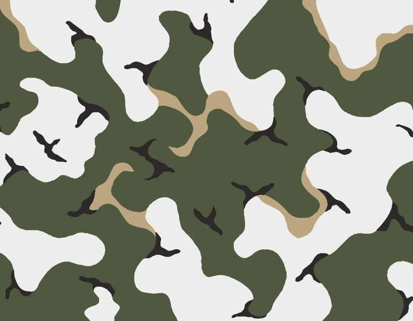 MERDC snow camouflage for tree cover: white ground crossed by large forest green shapes edged in sand, with small black accents